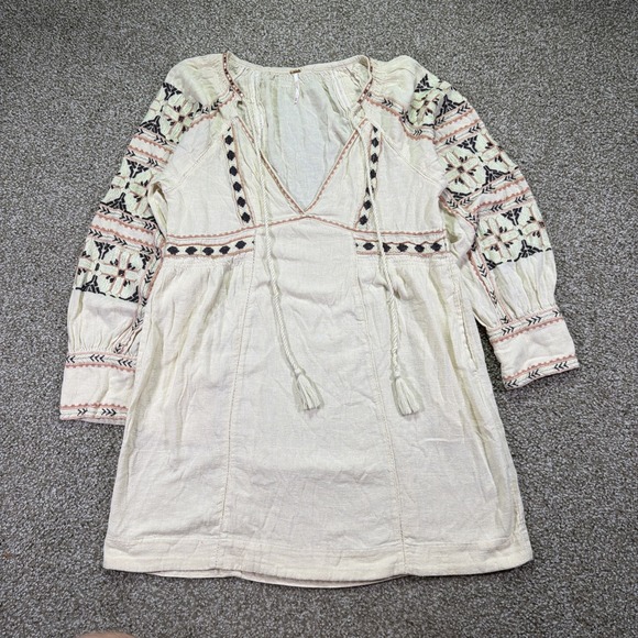Free People Dresses & Skirts - Free People Womens XS Mini Tunic Dress Embroidered Ivory Long Sleeve All My Life